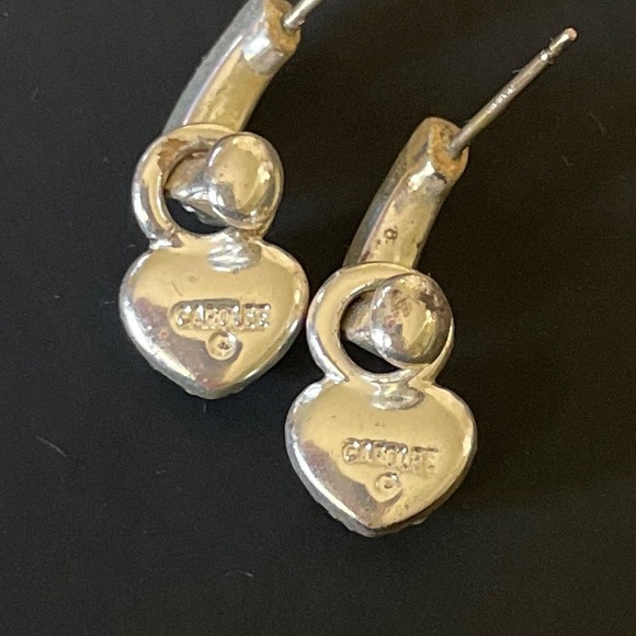 Carolee Heart Shaped Earrings Danlgles Rhinestones Silver - Picture 2 of 4